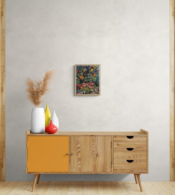 Hidden Poppy, floral, mixed medium painting