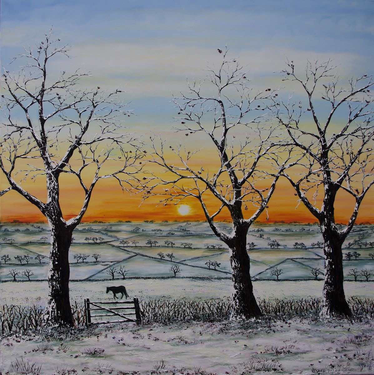 Impressionistic Landscape Oil Painting By Hazel Thomson, 39 X 39, Winter Sunset, Original Artwork