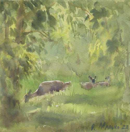 Goats among the greens. Summer sketch / ORIGINAL picture Small size watercolor Square format by Olha Malko