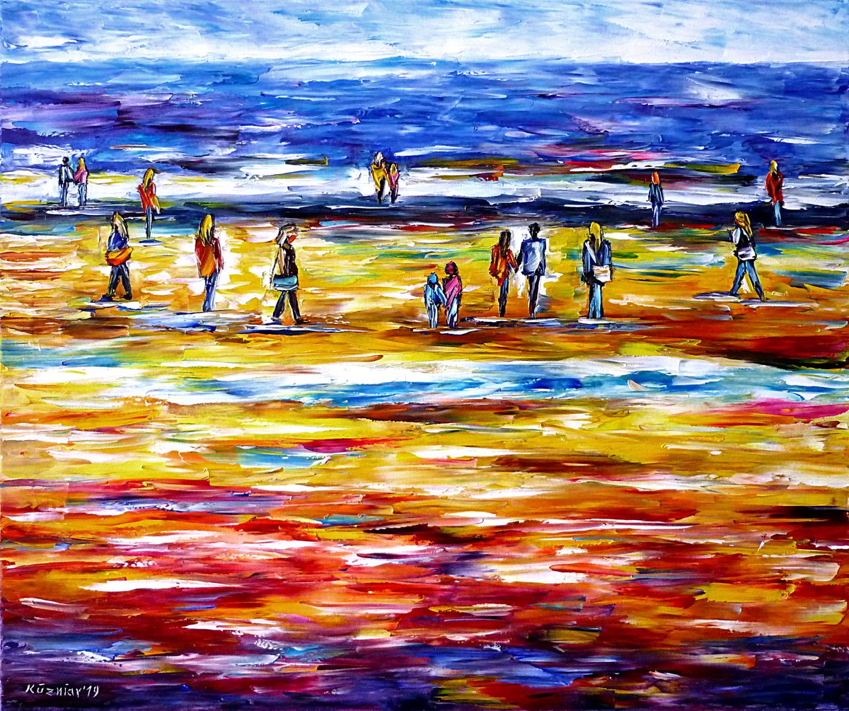 Expressive Landscape Oil Painting By Mirek Kuzniar, 24 X 20", On The Beach, Original Artwork