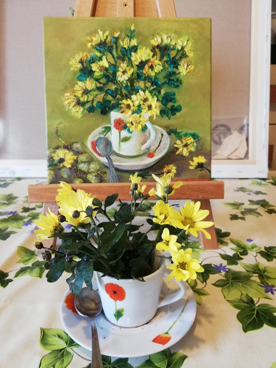 Crysanthemums Floral Impressionism Kitchen Art Household with Coffeecup Spoon Green Yellow Grapes Modern Still Life / Small Oil Painting 8x8in (20x20cm) Restaurant