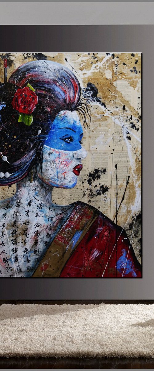 Kawairashii 120cm x 150cm Geisha Book Page Abstract Realism Art by Franko