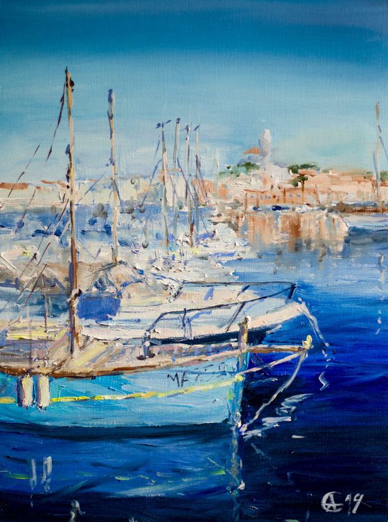 Marseille. Original oil painting. Small size france harbor sea blue seascape boats yacht nature travel summer reflection trip decor impressionism impressionistic detail city provence