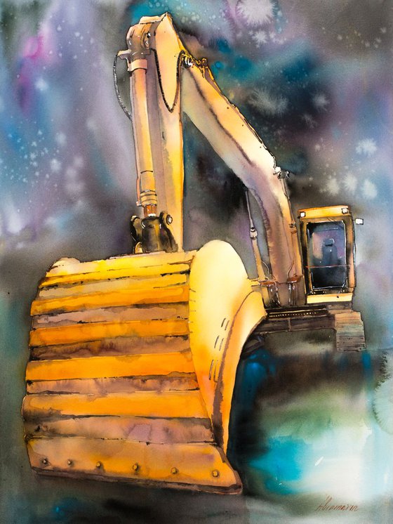 Yellow excavator. Starry night