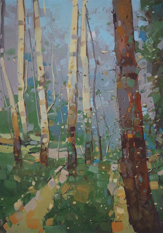 Cobalt Forest, Landscape oil painting, Birches Grove, One of a kind, Signed, Hand Painted