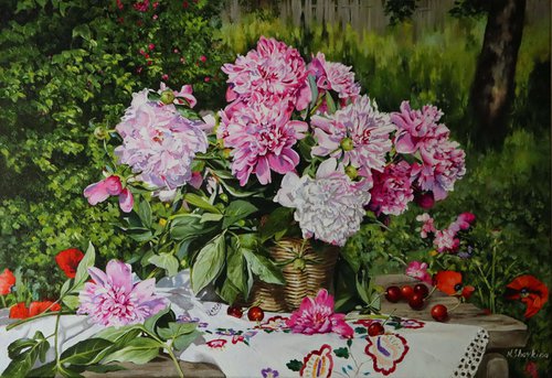 White and pink peonies in a basket. Still life (2023) by Natalia Shaykina