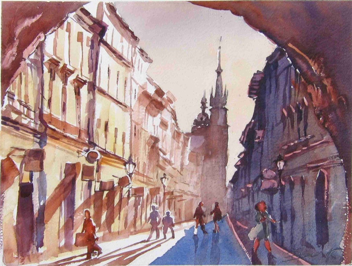 Cityscapes Watercolour By Goran Zigolic Watercolors, 16 X 12, Krakow Florianska Street, Original Artwork