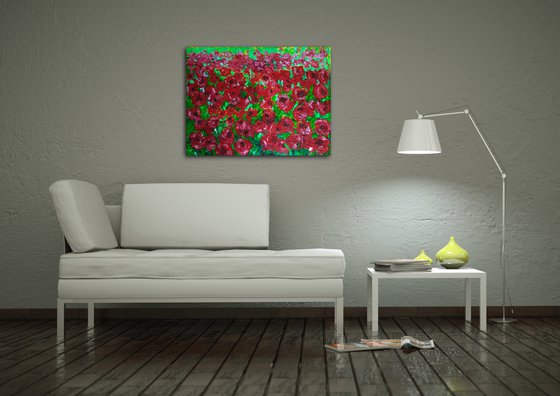 FIELD OF RED ROSES, MEADOW OF FLOWERS, large size painting   modern red pink office home decor gift