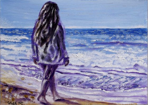 MEETING THE WAVES - SEASIDE GIRL - Thick oil painting - 42x29.5cm