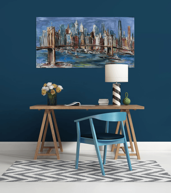 Brooklyn bridge, abstract impressionist painting 70x135cm