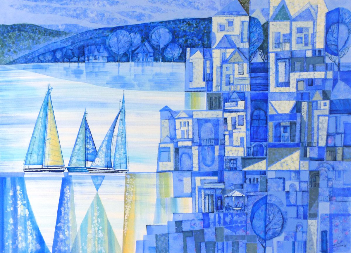 Organic Landscape Acrylic Painting By Julia Ismambetova, 30 X 22", Blue Cobalt Bay, Original Artwork