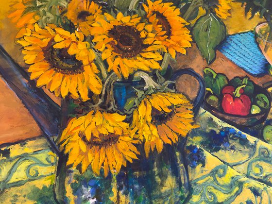 Sunflowers and French Tablecloth still Life, large,