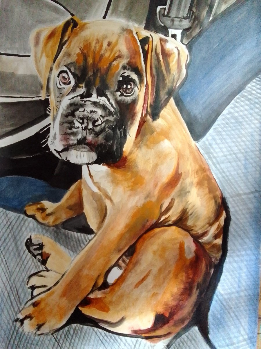 Photorealistic Animal Acrylic Painting By Soso Kumsiashvili, 24 X 33", Boxers Dog