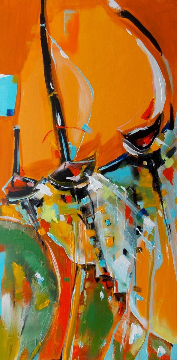 Organic Portrait Acrylic Painting By Maria Paunova, 16 X 31", The Three Mexicans, Original Artwork