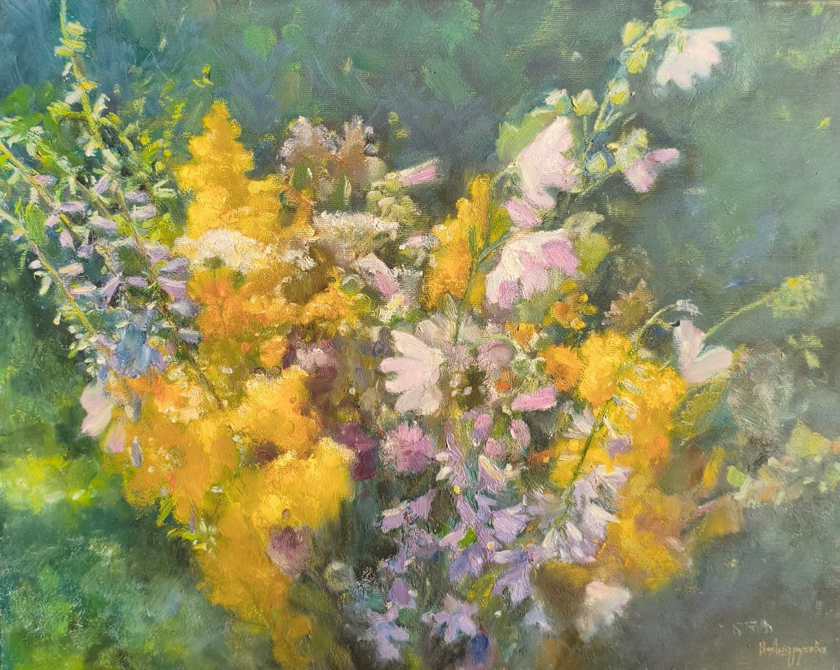 Impressionistic Botanical Oil Painting By Valentina Andrukhova, 20 X 16", Wildflowers, Original Artwork