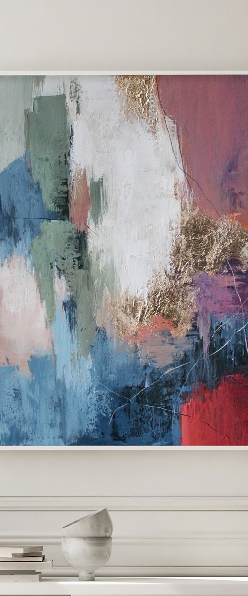 "Pink Brume" Pink blue gold abstract art by Yana Sagan
