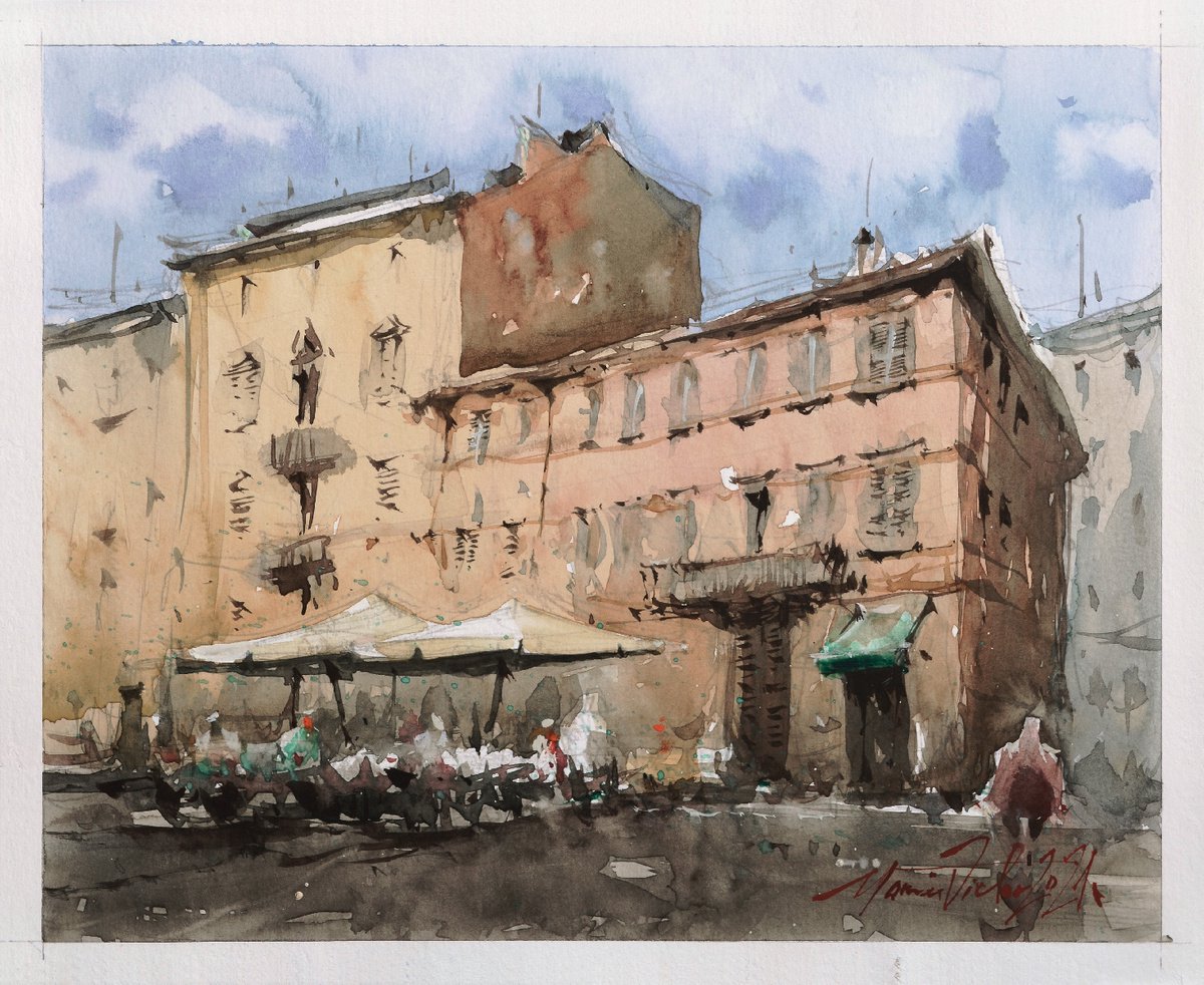 Watercolor street scene in Ascoli Piceno, Piazza coffee shop by Marin Victor