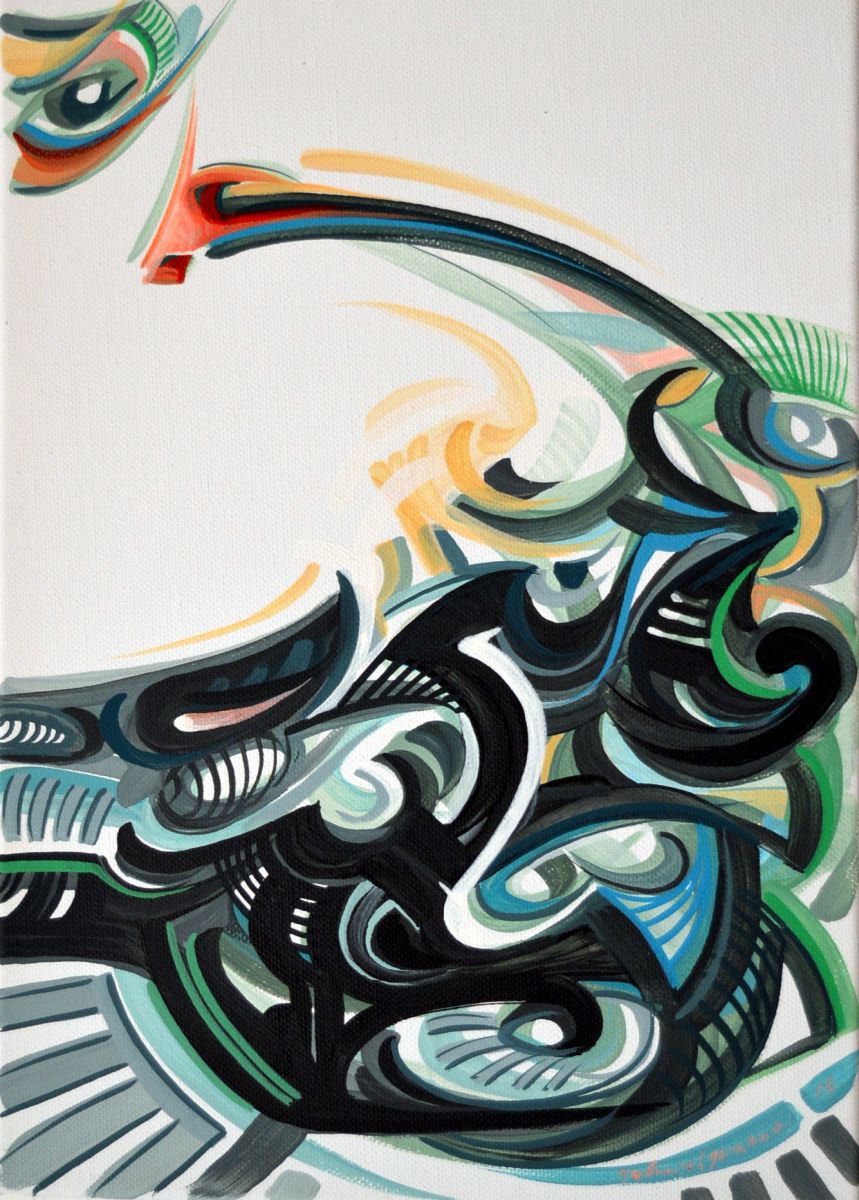 Graphic Abstract Acrylic Painting By Grama Gabriel, 10 X 14, The Red Eye, Original Artwork