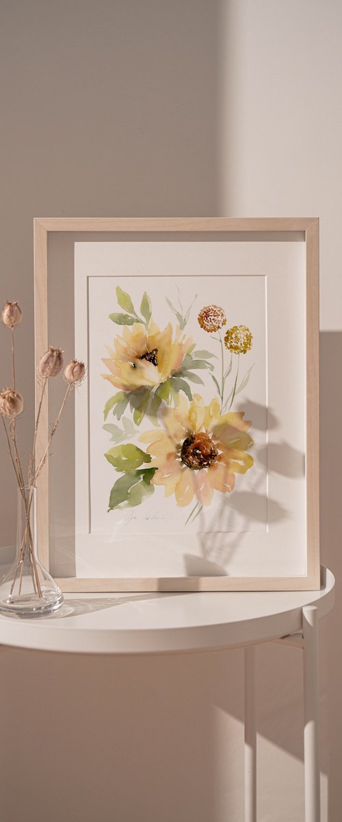Watercolor sunflower bouquet by Olga Koelsch