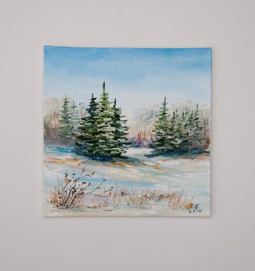 Winter forest. Oil painting. Original Art. Christmas trees. Miniature 6" x 6" by Tetiana Vysochynska