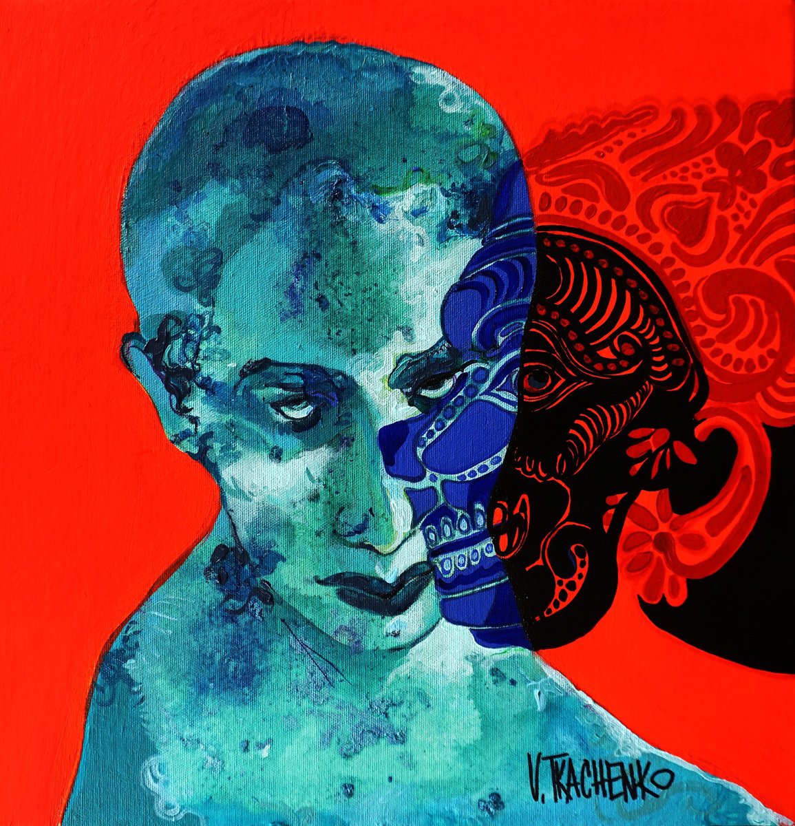 Organic Portrait Acrylic Painting By Victor Tkachenko, 16 X 16", Monkey Business, Original Artwork