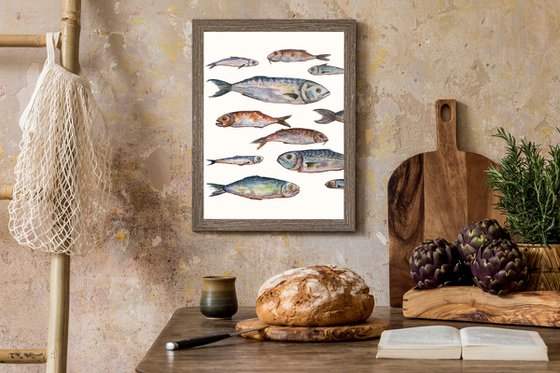 Set of fish - original seafood watercolor paintink and ink graphic