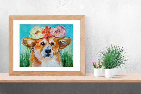 Summer mood, Corgi Painting Original Art Dog Artwork Pet Portrait Floral Wall Art
