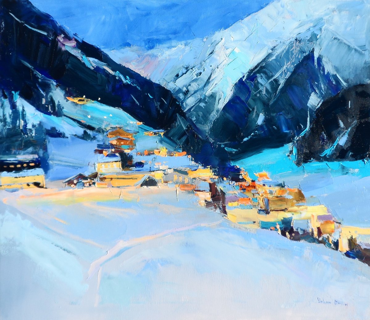 Impressionistic Landscape Oil Painting By Yehor Dulin, 30 X 26", " Festive Lights.the Alps", Original Artwork