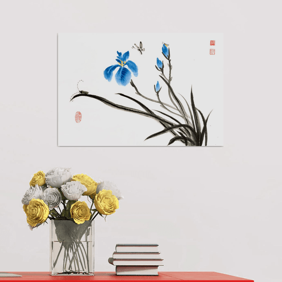 Blue irises and others insects - Oriental Chinese Ink Painting