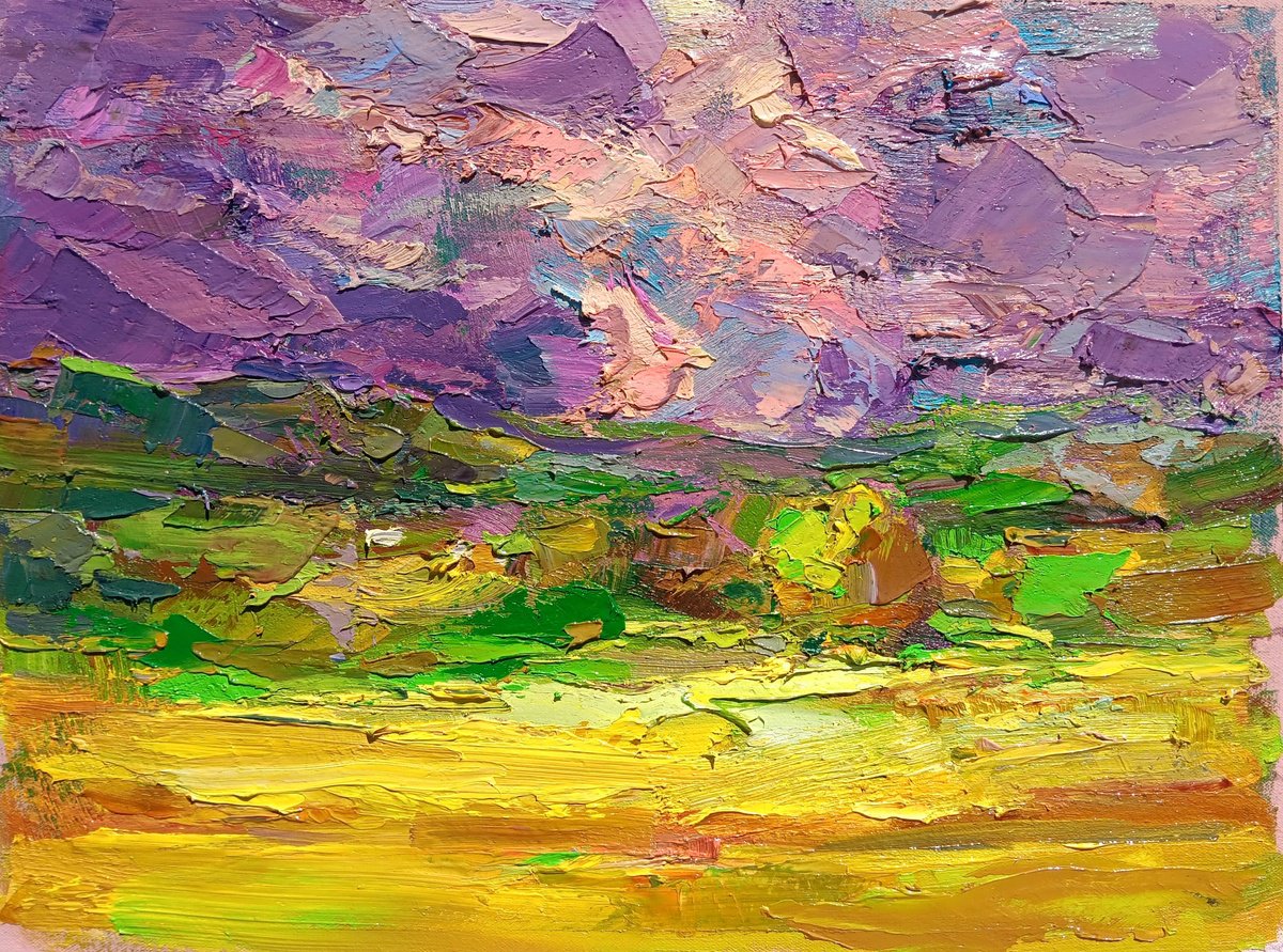 Impressionistic Landscape Oil Painting By Ruslan Khais, 18 X 13", Rainy Day, Original Artwork