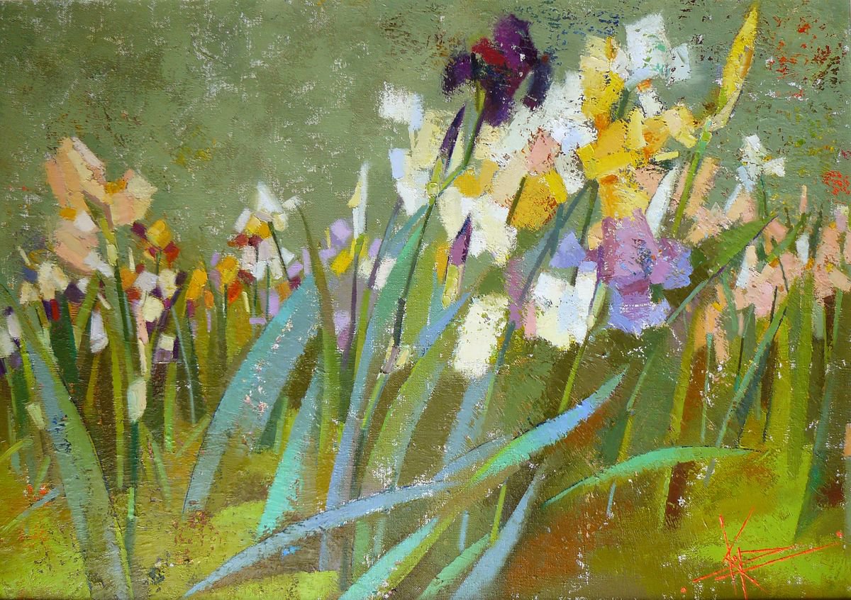 Organic Botanical Oil Painting By Oksana Kornienko, 39 X 28", Irises Time, Original Artwork