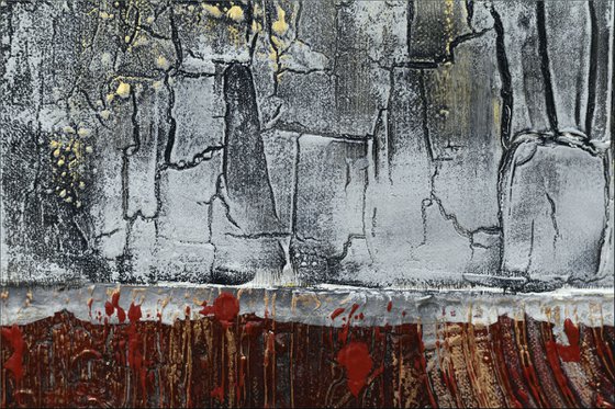 Gold on Red  - abstract acrylic painting, canvas wall art, red grey, framed modern art
