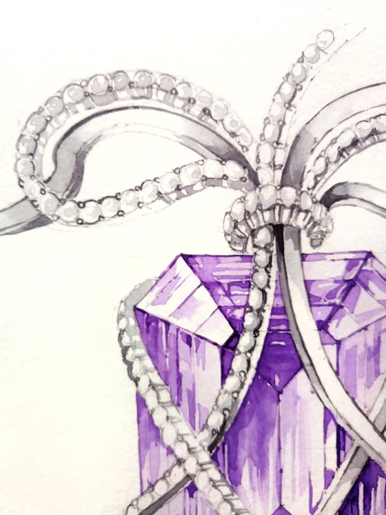 Jewelry watercolor sketch "Necklace with faceted amethyst stone"