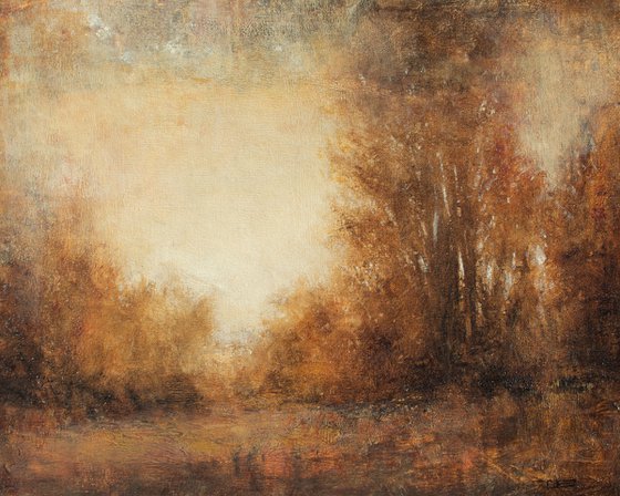Afternoon Glow 230212, Tonal trees sunset impressionist oil painting
