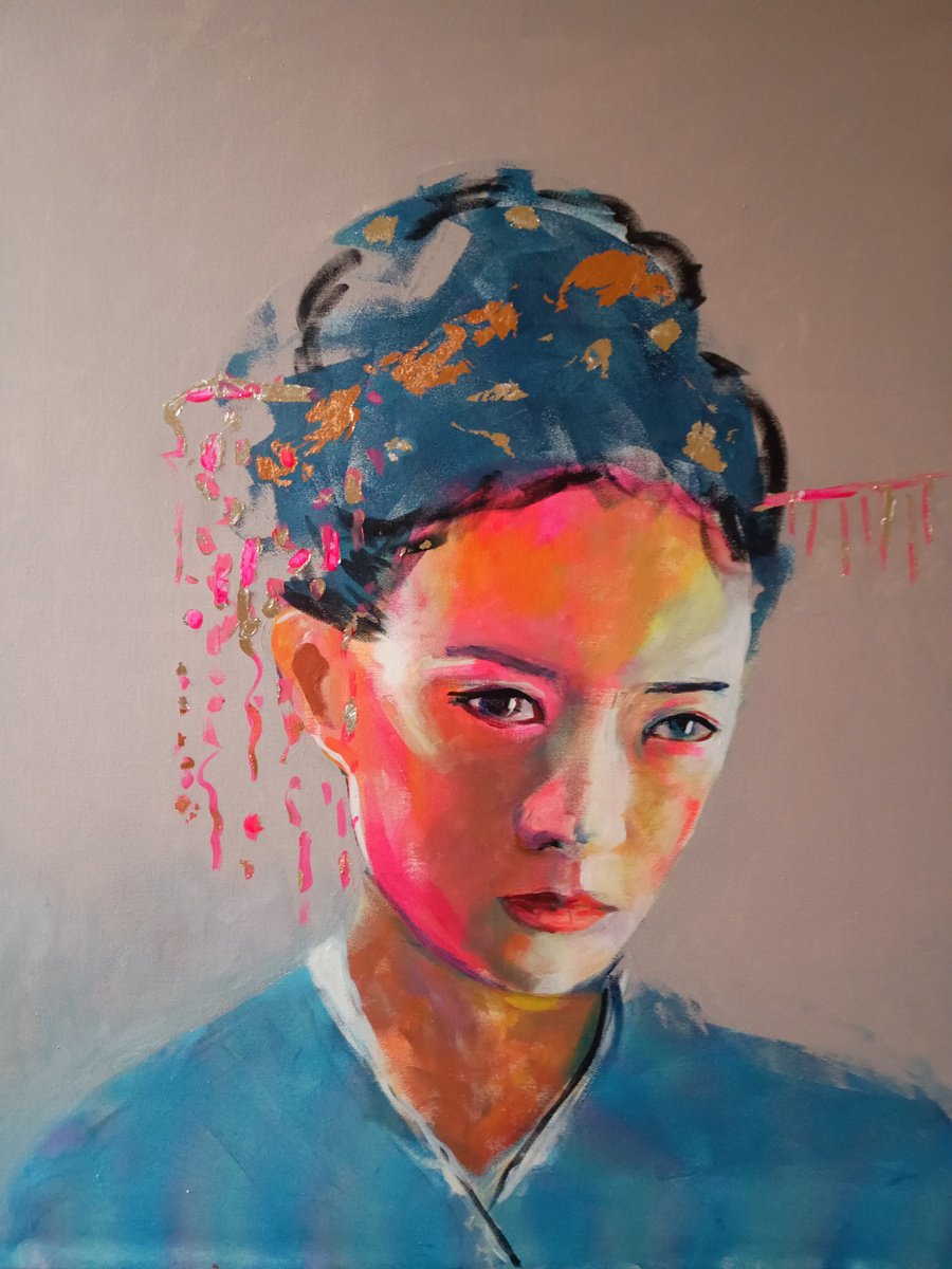 Expressive Portrait Acrylic Painting By Marina Del Pozo, 32 X 39", Gheisa #8, Original Artwork