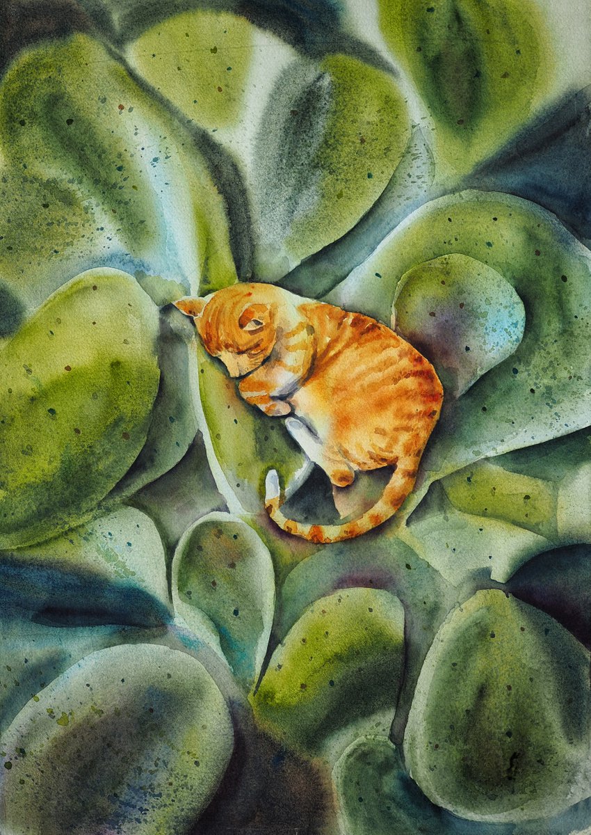 Jungle cat - original green watercolor by Delnara El