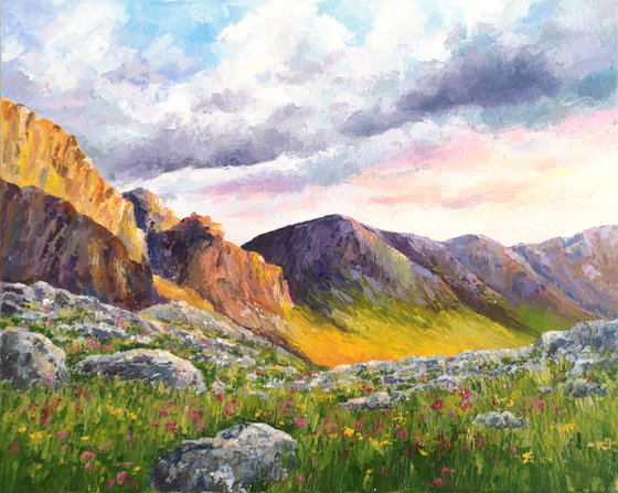 Mountain landscape. Impressionist mountain view, oil painting on canvas