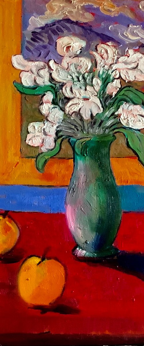 Still  Life with flowers and peaches by Angus  MacDonald