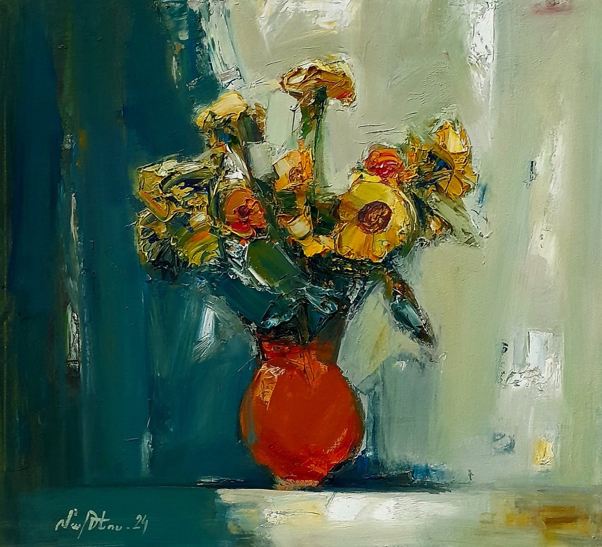 Abstract Botanical Oil Painting By Matevos Sargsyan, 20 X 18", Golden Flourish, Original Artwork