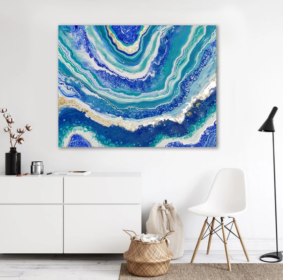 110x85cm. / "The gold within the ocean waves" original abstract painting, office art, home decor, gift idea, modern art, seascape, storm, water.