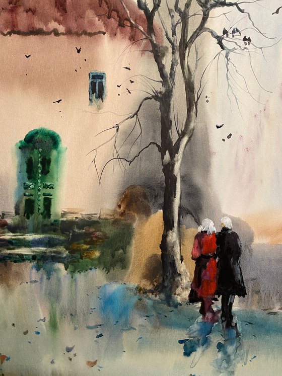 Watercolor “Old house, forever young Love” perfect gift