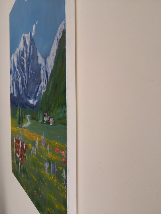 Funny Cow in Switzerland mountains landscape Painting