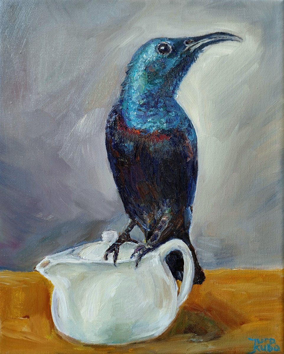Photorealistic Oil Painting , Blue Bird On A Teapot By Jura Kuba Art, 9 X 12, Artwork For Sale On Artfinder