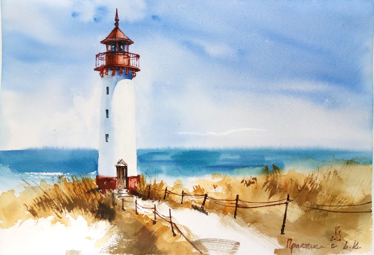 Seascape with a lighthouse, summer sunny day original watercolor artwork by Ksenia Selianko