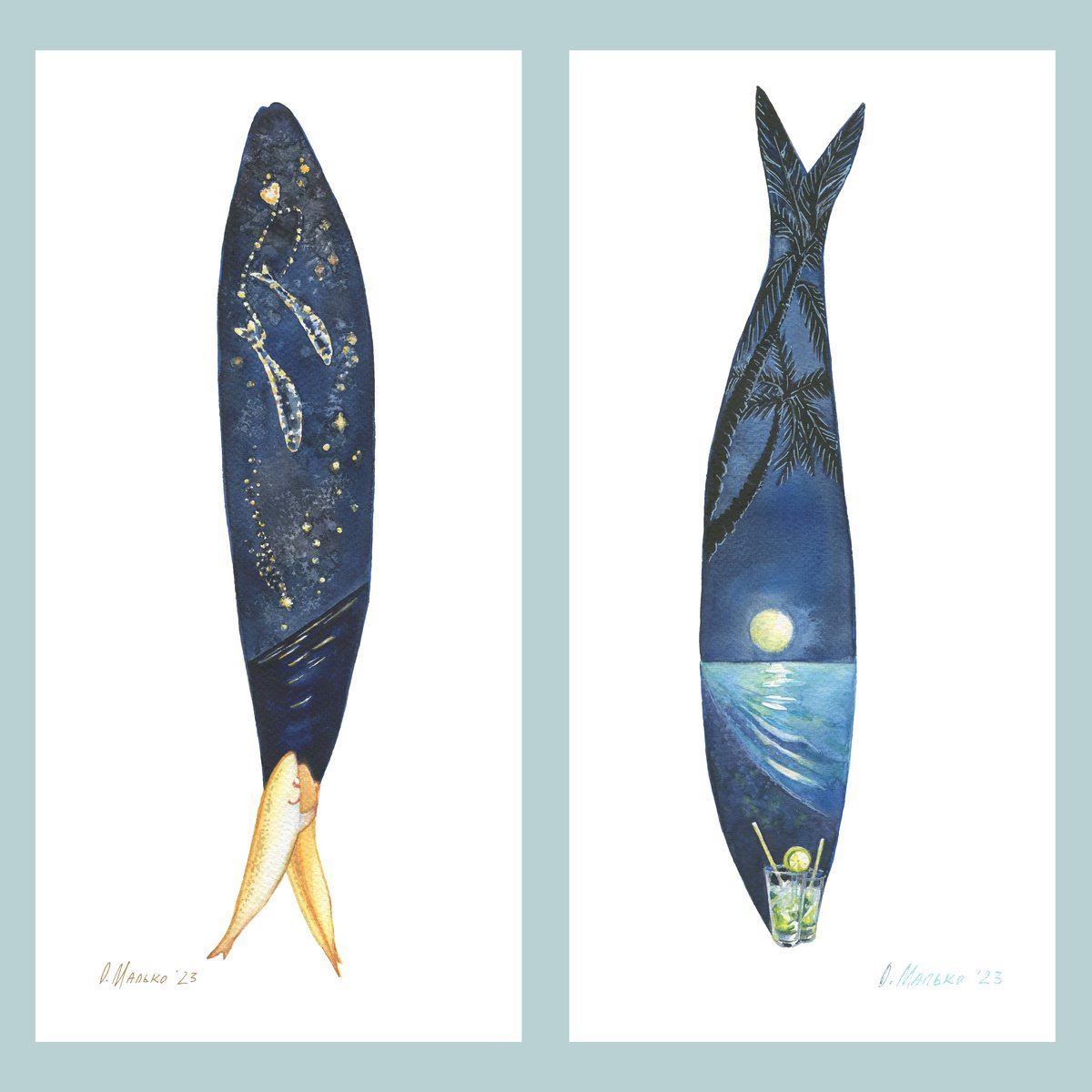 Illustrative Animal Watercolour By Olha Malko, 16 X 17", Love Under The Sardines Constellation 20X42Cm (8X16.5In). Two Moonlight Mojitos 20X42Cm (8X16.5In). Set From The Series My Sardines / Original Art Fish Picture, Artfinder