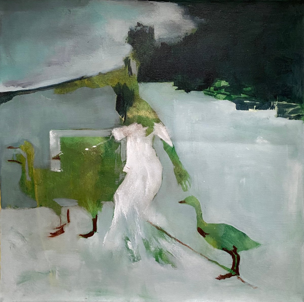 Shepherdess and geese 50x50 by Elena Troyanskaya