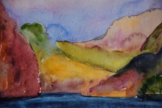 Norwegian original watercolor painting Winter mountains in Norway, snowy fjords in sunset