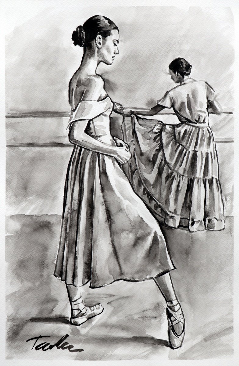 Urban And Pop Portrait Ink Drawing By Tashe, 12 X 18", Ballerinas, Original Artwork