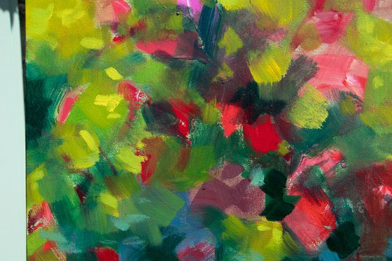 Abstract floral in summer - Oil painting in yellow, green and red - flowers bouquet - garden Modern abstraction nature evocation interpretation