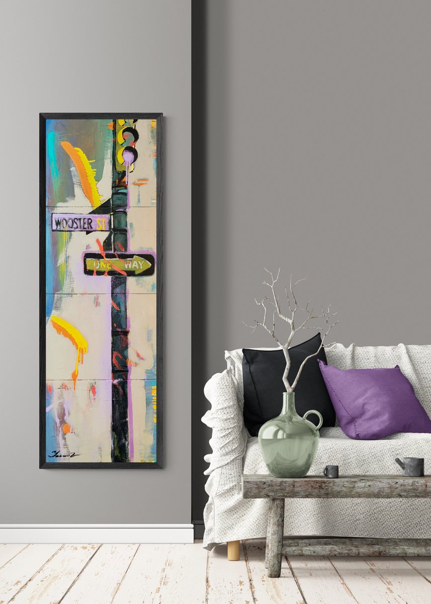 Urban And Pop Cityscapes Acrylic Painting By Yaroslav Yasenev, 16 X 47", Violet Light, Original Artwork